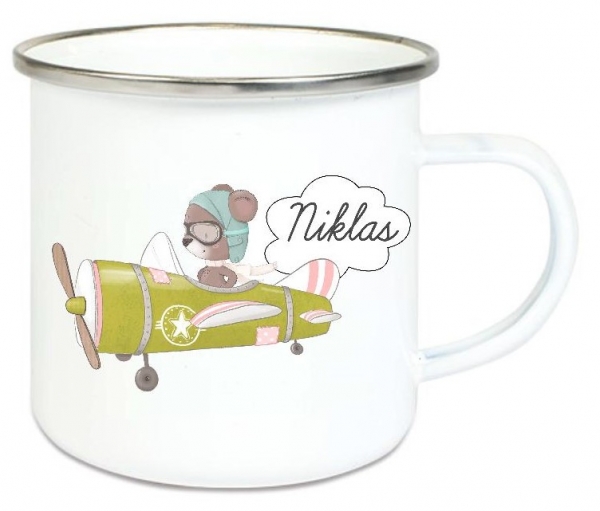 ♥ zauberhafte Tasse Emailletasse Pilot Flugzeug Bär, Name, Wunschname, KITA Kindergarten, Einschulung, Dankeschön, Abschied, Jubiläum, Geschenk, Becher von Lüttentüddel